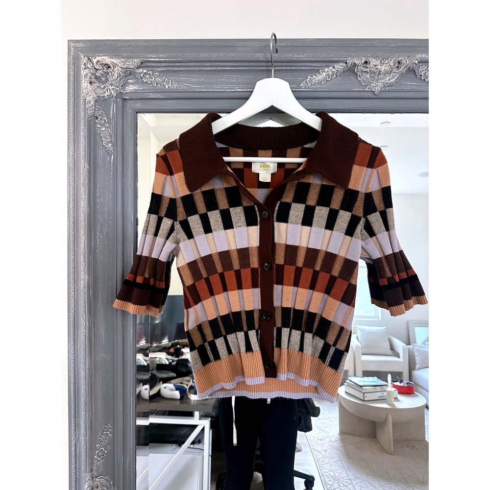 Maeve Anthropologie Kinsley Checkered Ribbed Collared Cropped Cardigan Sweater L - Picture 4 of 10